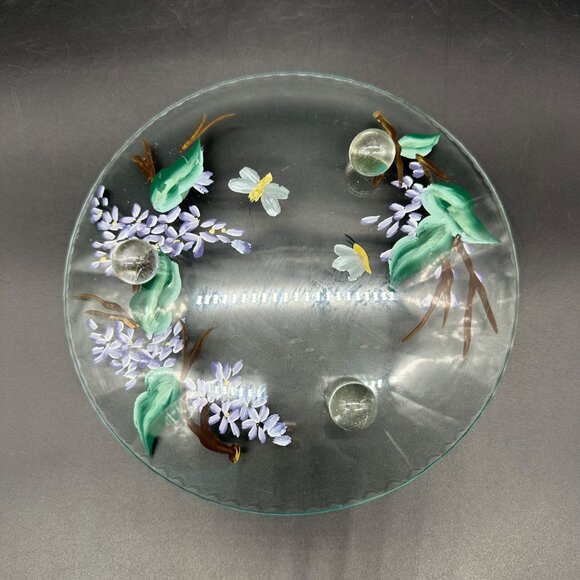 Hand Painted Glass Plate Bees Purple Flowers Decorative Floral Botanical Footed - Picture 4 of 9